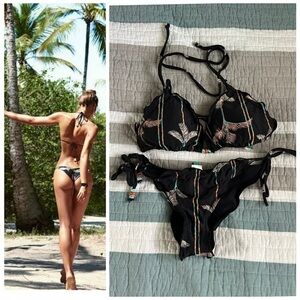Cia Maritima Black Ripple Bikini Ruffle Stripe Beads M Feather